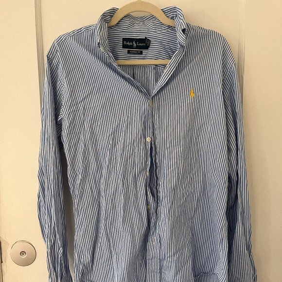 Mens Ralph Lauren Blue and White Pinstripe Longsleeve Button Down Shirt Small - Picture 1 of 4